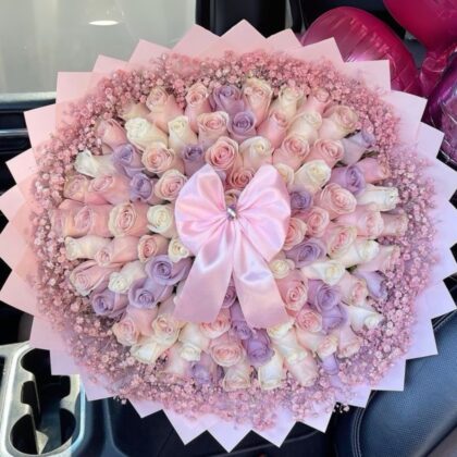 100 Elegant White, Pink & Purple Roses in Beautiful Anniversary