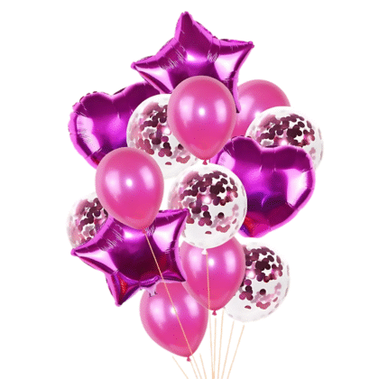 14 pcs Confetti, Heart, Star & Foil Latex Balloons | Pink