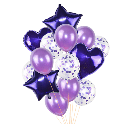 14 pcs Confetti, Heart, Star & Foil Latex Balloons | Purple