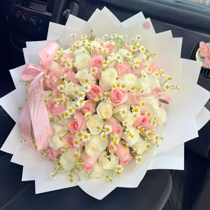 50 Pink & White Roses in Daisy