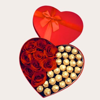 Anniversary Premium Roses with Ferrero Rocher Chocolate - Heart Coloured Box