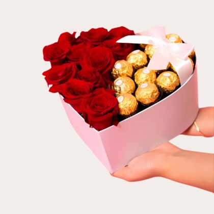 Anniversary Small Pink Box Roses with Ferrero Rocher Chocolates