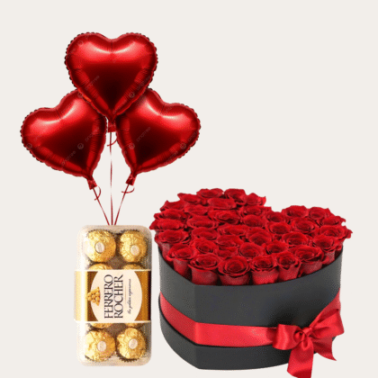 Anniversary Surprise: 50 Roses Heart Box, Ferrero Rocher & 03 Balloons