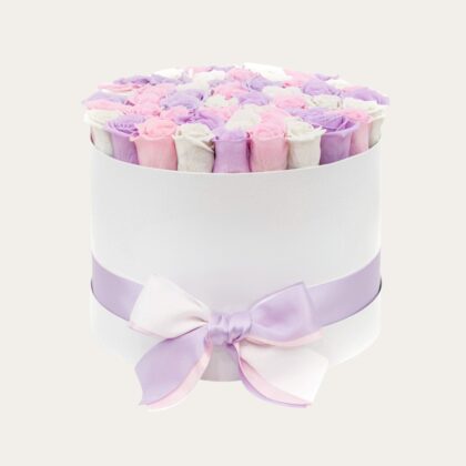 Classic White Box |25 White, Lavender & Pink Roses | Luxury Floral Arrangement