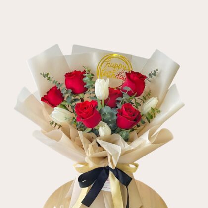 Romantic Red Tulip and White Roses Bouquet Dubai